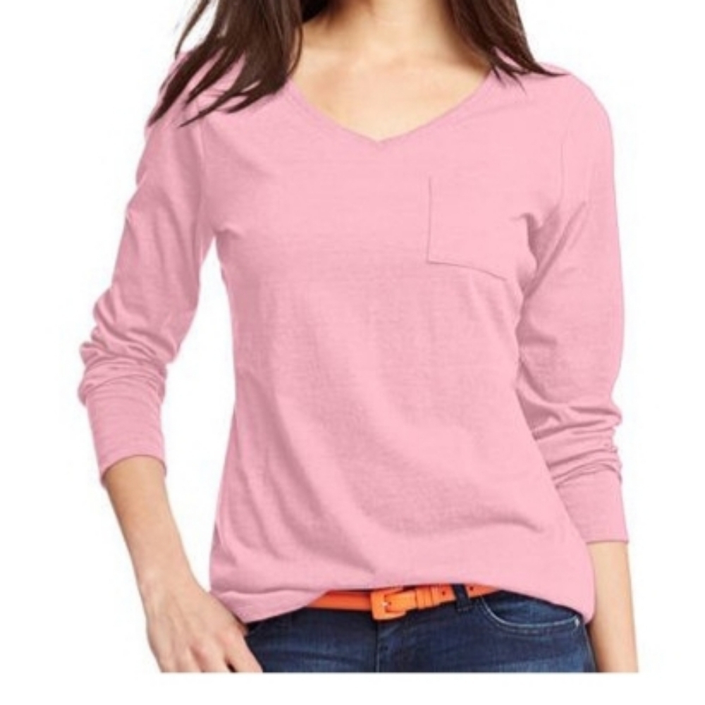 Hanes Long Sleeve V-Neck Pocket Medium Pink
